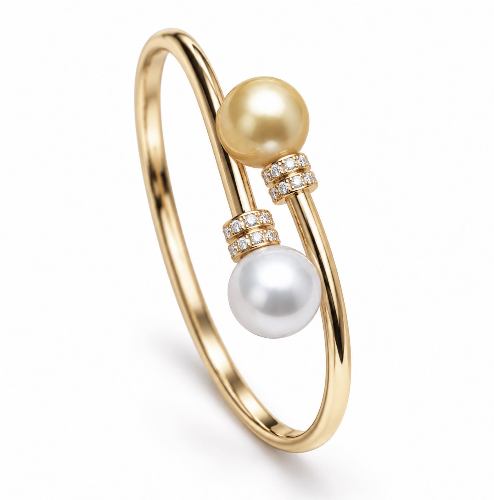 White and Golden South Sea Pearl Bypass Bangle in 18K Gold