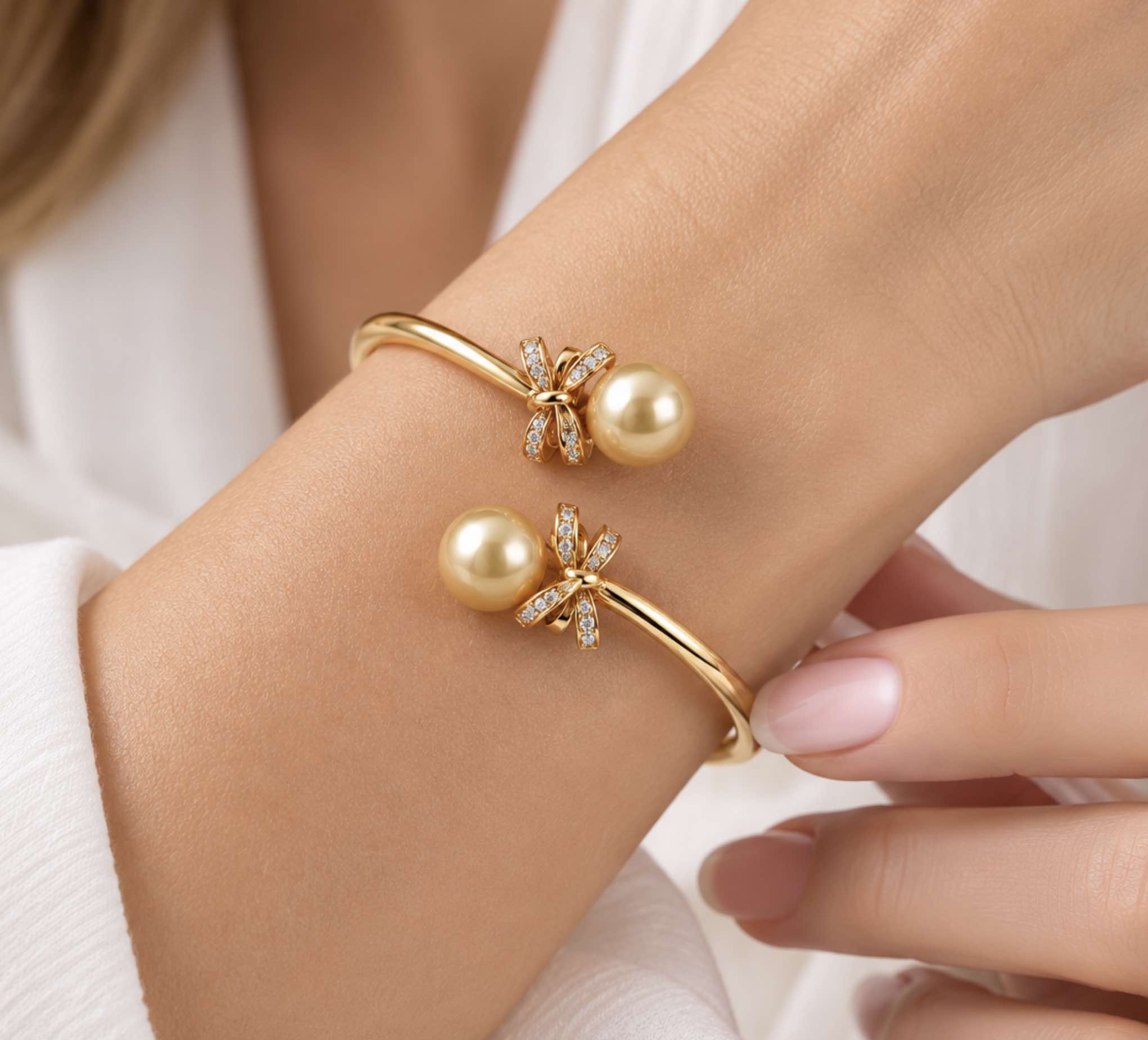 14K/18K Gold Golden South Sea Pearl & 0.42ct Diamond Bow Open Cuff Bracelet