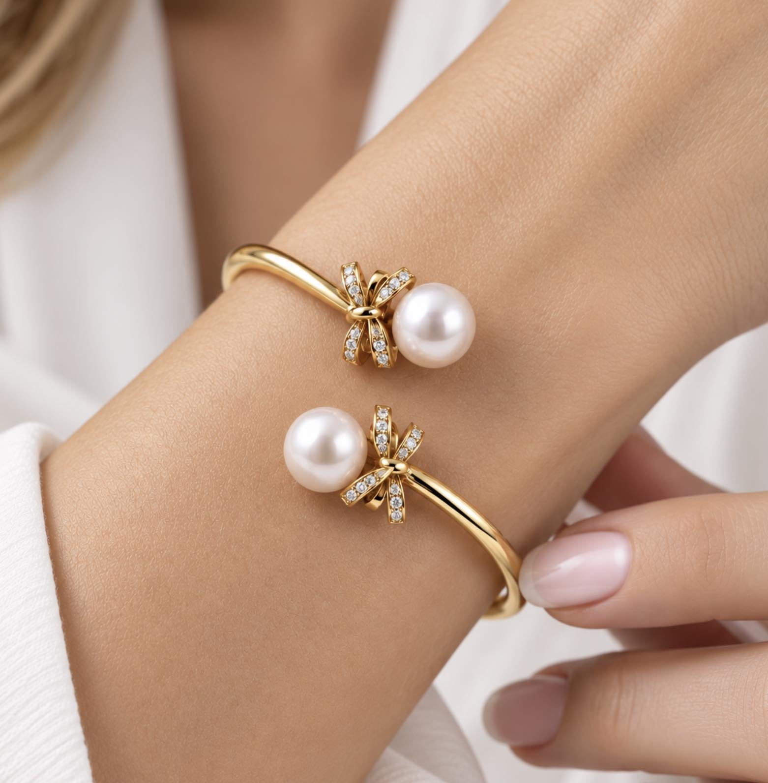 14K/18K Gold Golden South Sea Pearl & 0.42ct Diamond Bow Open Cuff Bracelet