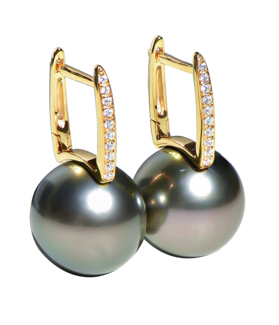 14K Gold Tahitian Pearl and Diamond Dalia Earrings