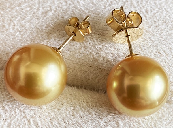 NEW 10-11mm golden south  sea  pearl earrings 14 k gold