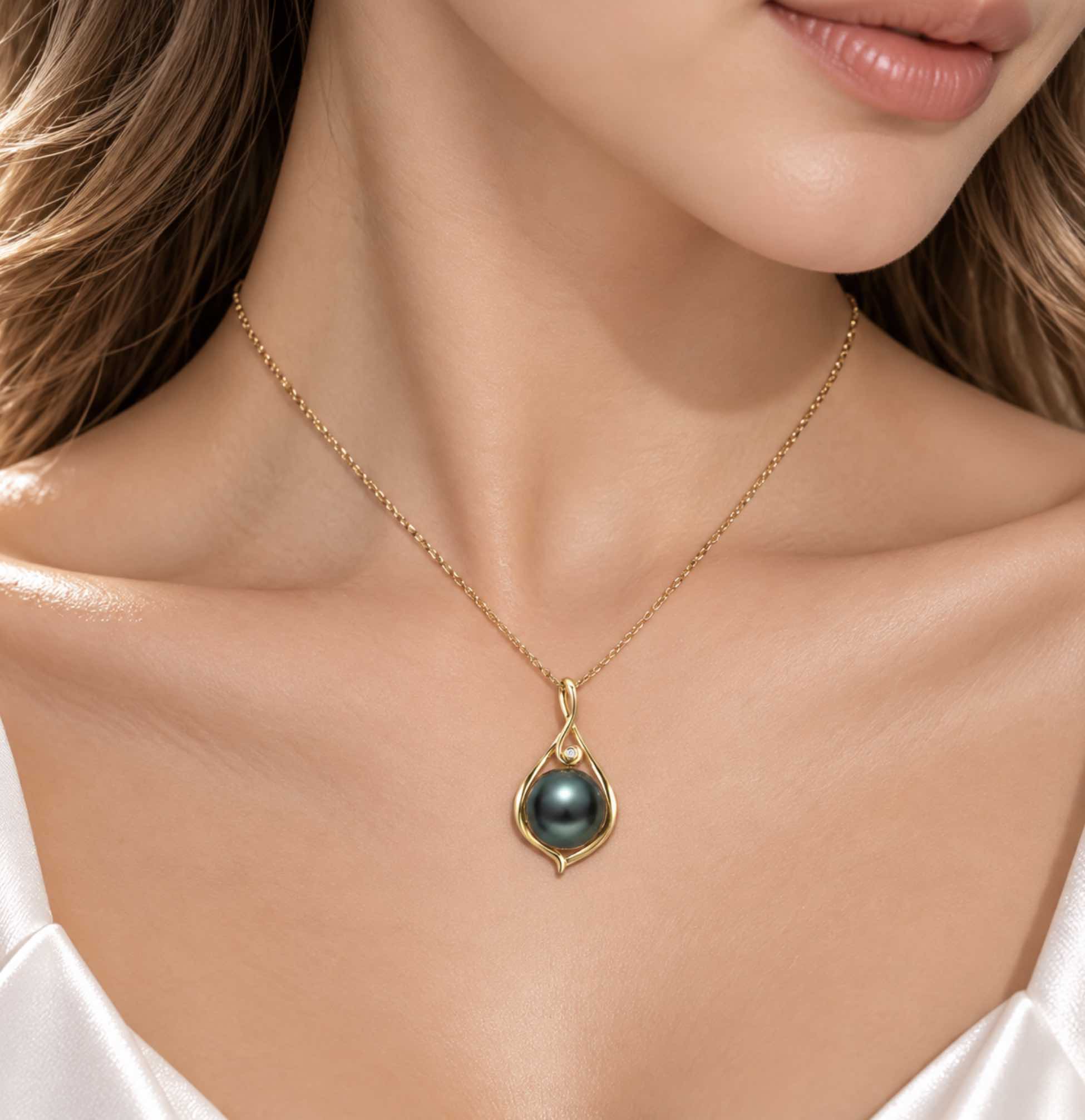 14K Gold Ahern Tahitian Pearl and Diamond Pendant
