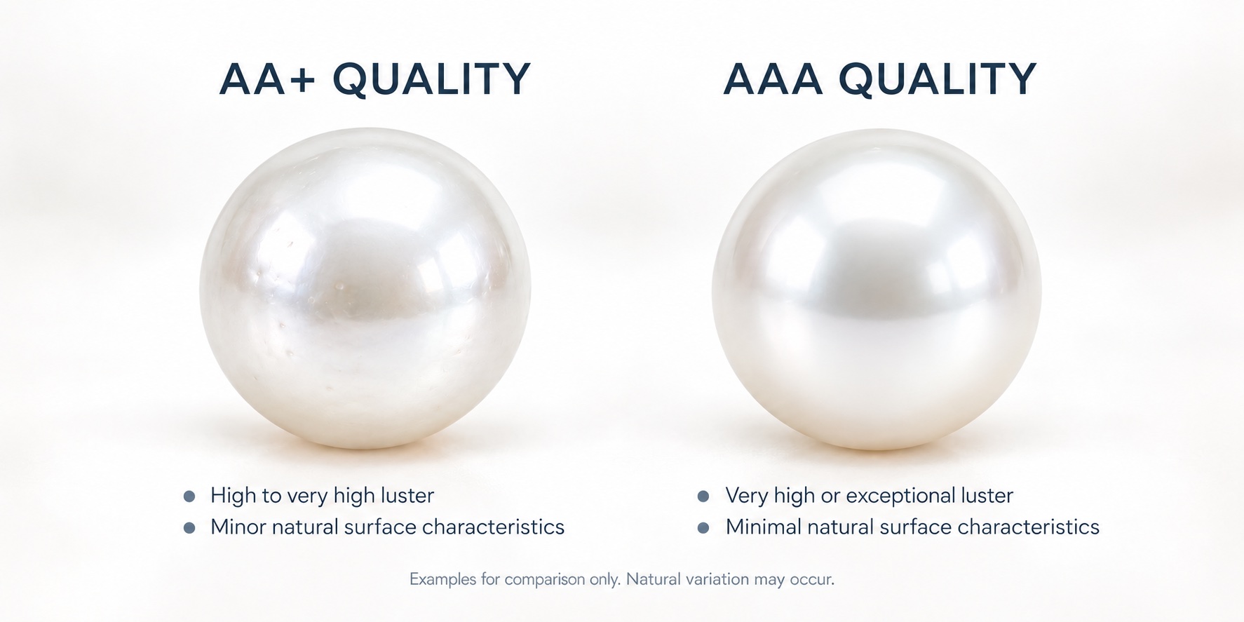 AA+ and AAA pearl quality comparison showing luster and surface characteristics