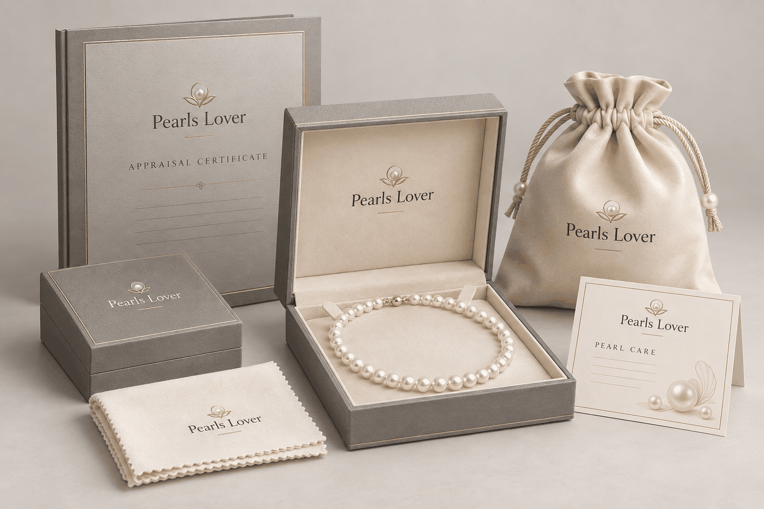Pearls Lover packaging illustration showing jewelry boxes, appraisal certificate, storage pouch, cleaning cloth and pearl care card