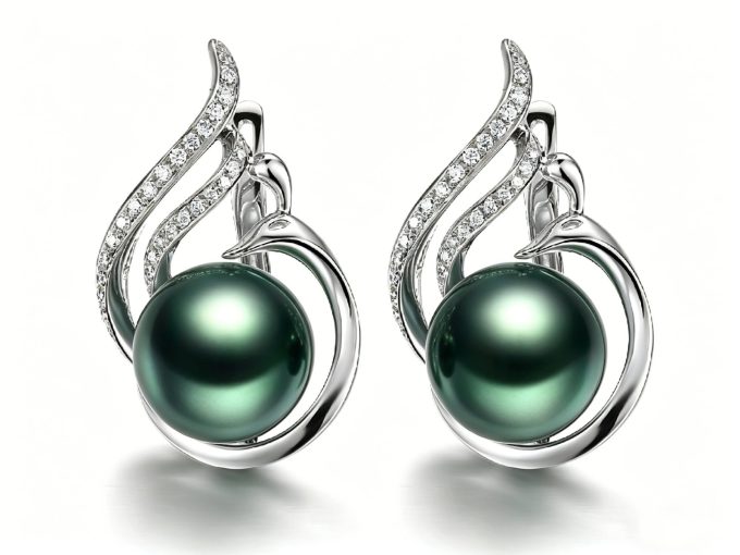 14K Gold Tahitian Pearl and Diamond Swan Earrings