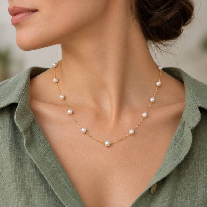 6-7 mm White Japanese Akoya Pearl Tin Cup Necklace