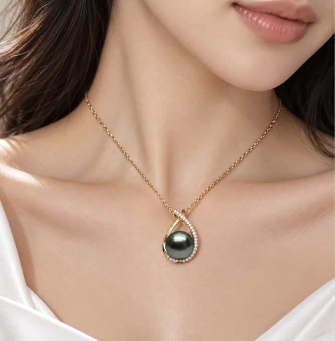 14K Gold Tahitian Pearl Olive Pendant
