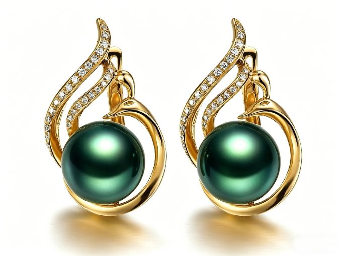 14K Gold Tahitian Pearl and Diamond Swan Earrings