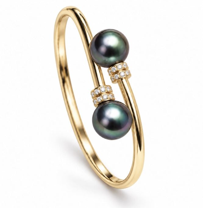 18K Gold Tahitian Pearl and Diamond Bypass Bangle Bracelet