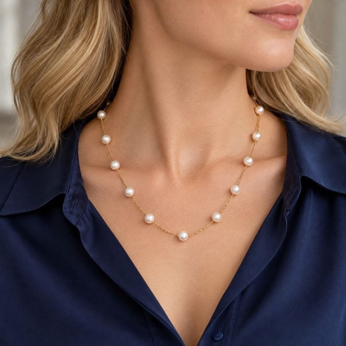 7-8 mm White Japanese Akoya Pearl Tin Cup Necklace