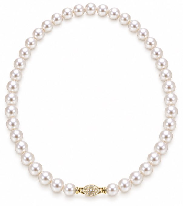 18K Gold AAA South Sea Pearl Necklace with 0.35CT Diamond Marquise Clasp