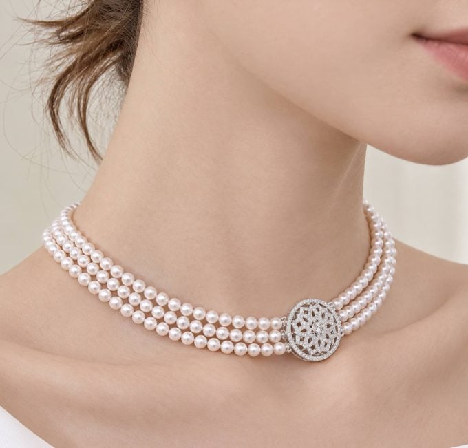 Triple Strand 8-8.5 mm Akoya Pearl & Diamond Necklace