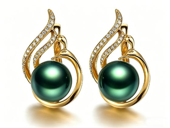 14K Gold Tahitian Pearl and Diamond Swan Earrings