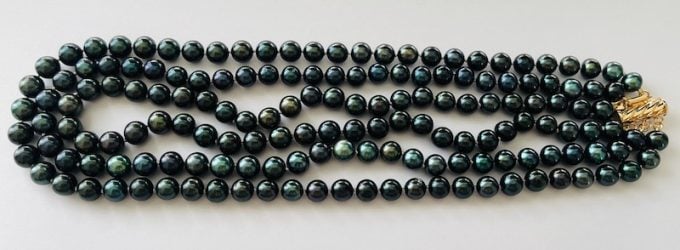 Triple Strand 8-8.5 mm Peacock Green Akoya Pearl Strands