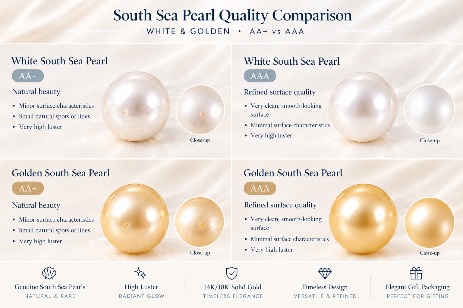 South Sea Pearl Quality Comparison - White and Golden AA+ vs AAA